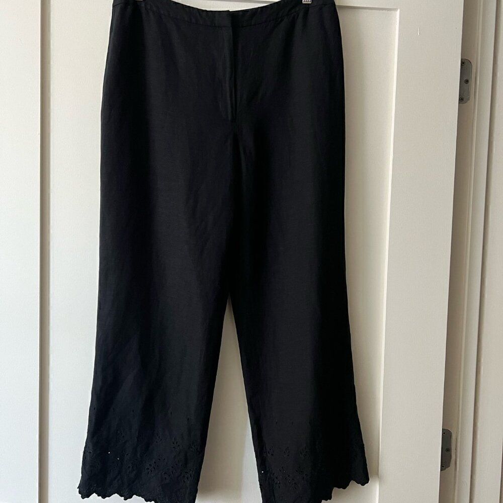 Ann Taylor Loft Pants 14 Womens Embroidered Scalloped Eyelet Bottom Black Linen